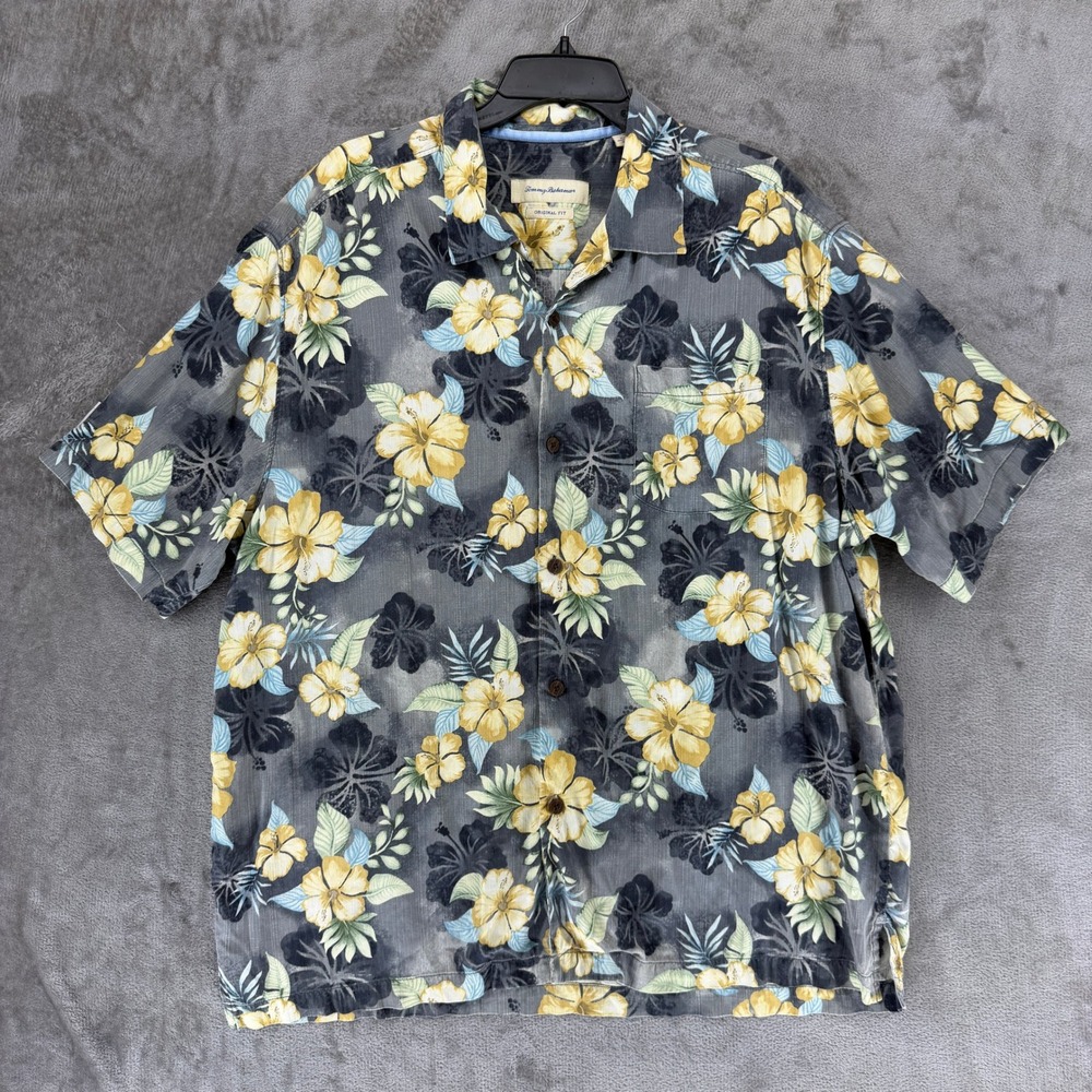 Tommy Bahama Mens XL Silk Camp Shirt Grey Yellow Tropical Floral Hibiscus Print
